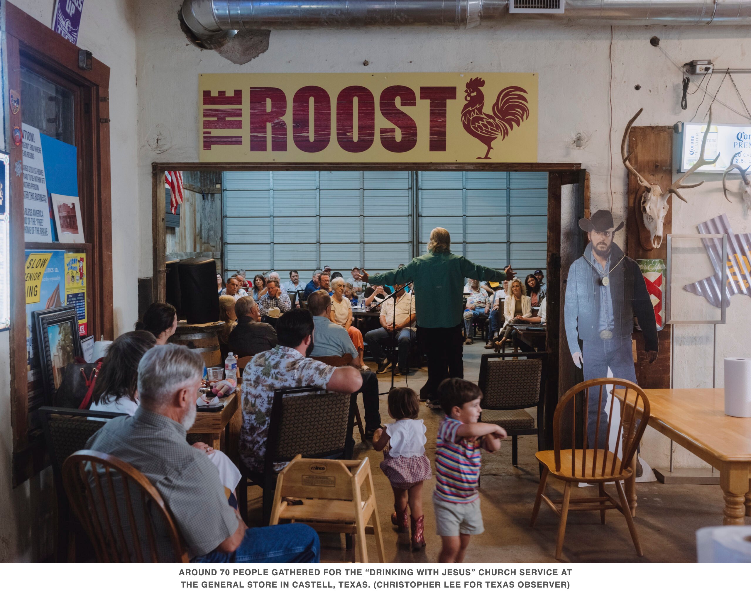 Around 70 people gathered for the Drinking with Jesus church service at The General Store in Castell, Texas. Photo: Christopher Lee for Texas Observer.